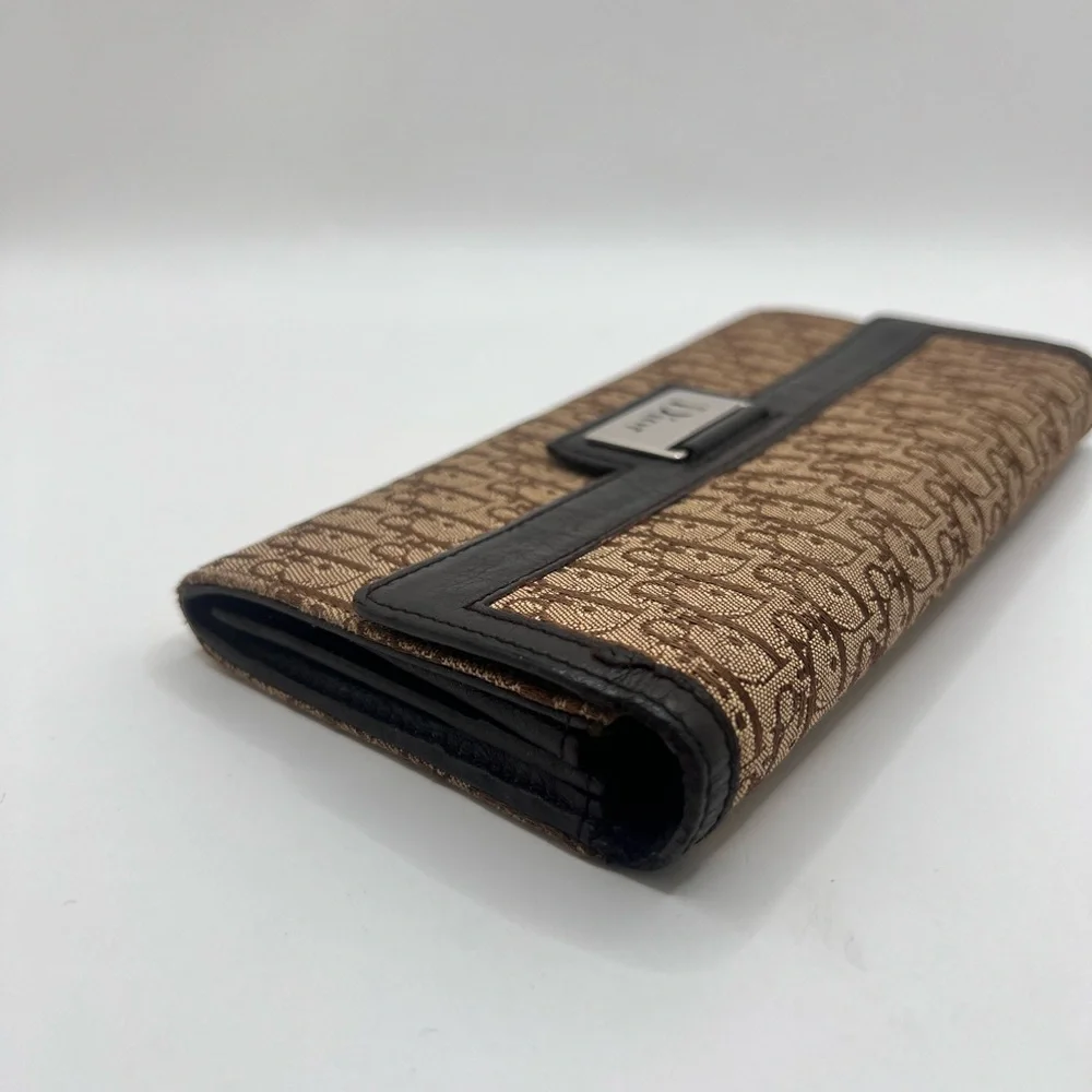 Authentic Christian DIOR Canvas x Leather Monogram Folding Long Wallet
